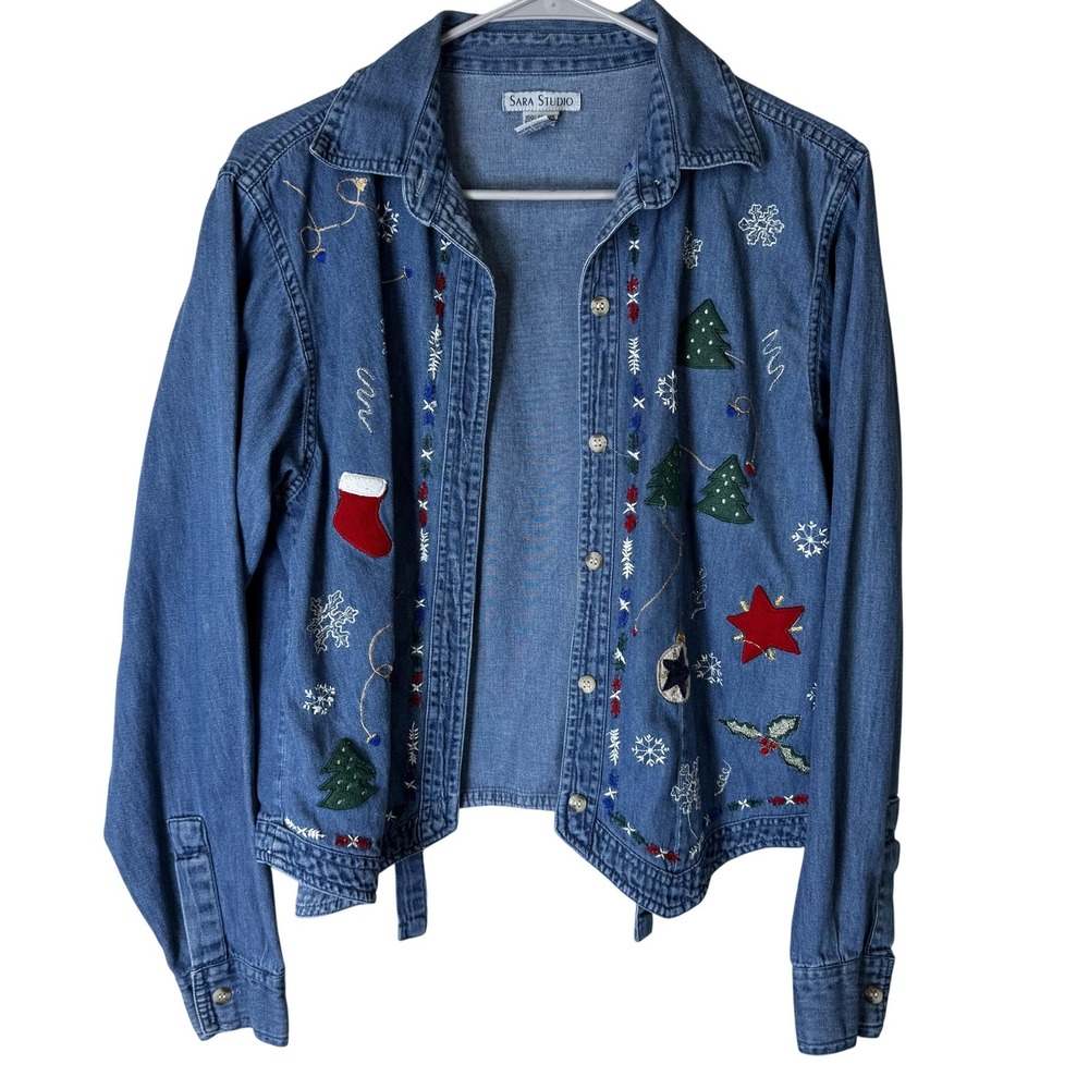 Sara Studio Jacket Womens Medium Denim Christmas Embroidered Holiday Trees Snowf